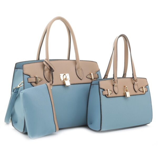 KEY LOCK DESIGN TOTE BAG WITH BAG AND CLUTCH SET – Light Blue – SKU 828 -  MuyFancy